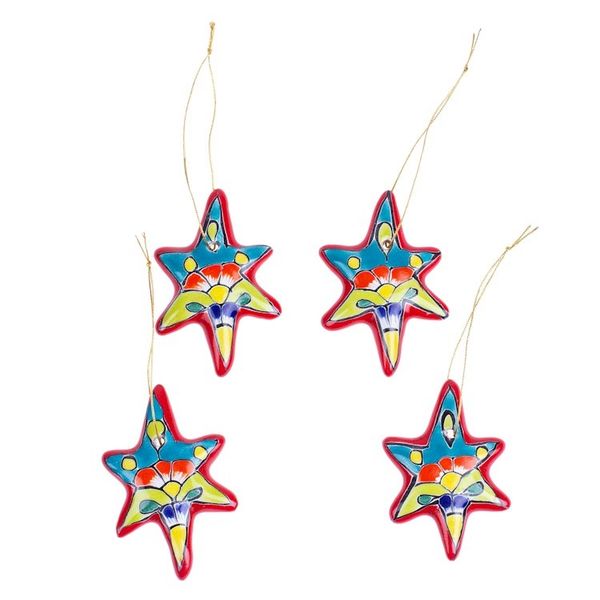 Alternate image for Set of 4 Handcrafted Ceramic Talavera Star Ornaments in Red Floral Sunrise