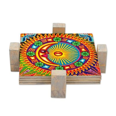 Alternate image for Four Decoupage Pinewood Mexican Sun and Moon Motif Coasters Huichol Sun and Moon