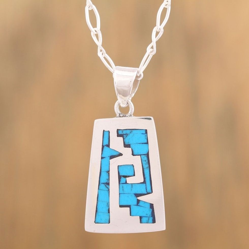 Pre-Hispanic Sterling Silver Pendant Necklace from Mexico 'Sky Blue Pyramid'