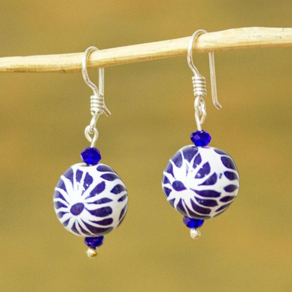 Ceramic Puebla-Style Bead Blue Floral Dangle Earrings 'Peeking Flower'