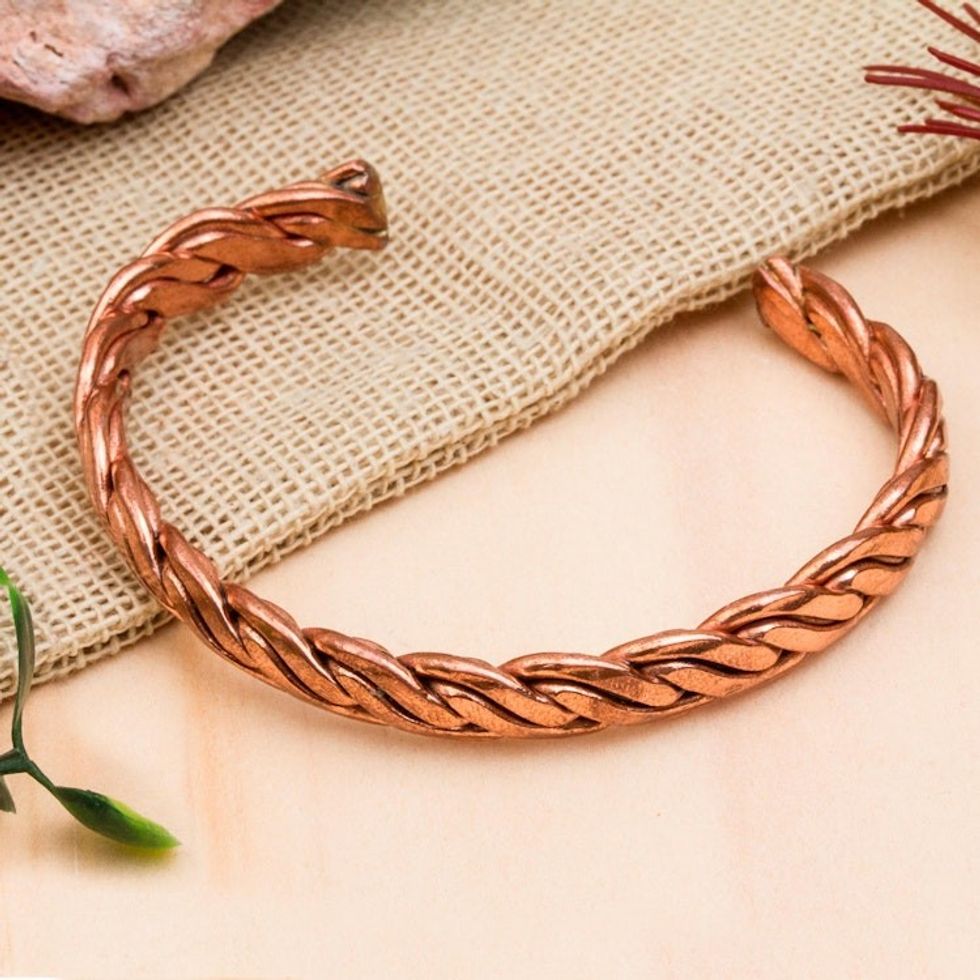 Handcrafted Braided Copper Cuff Bracelet from Mexico 'Brilliant Bond'
