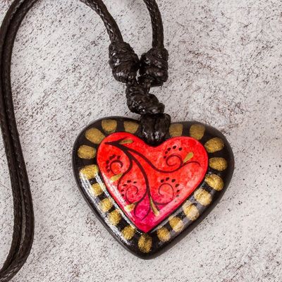 Alternate image for Papier Mache Adjustable Red Heart Golden Trim Necklace Gold Kissed Heart