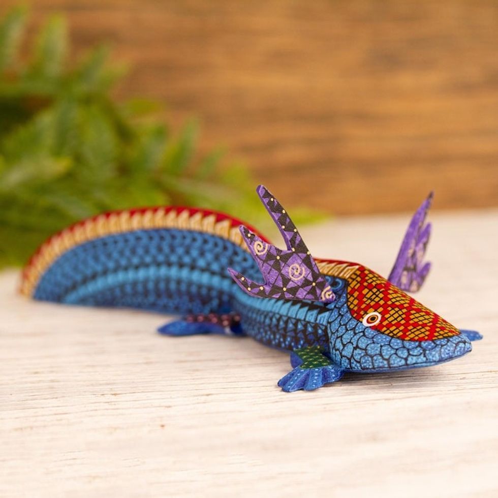Handmade Copal Wood Axolotl Alebrije Sculpture from Mexico 'Blue Axolotl'