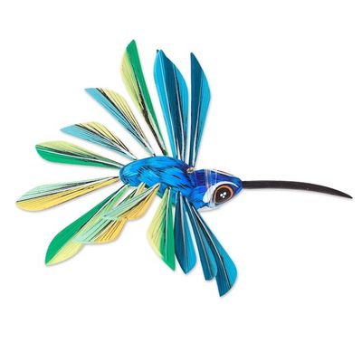 Alternate image for Wood Hanging Alebrije Hummingbird Sculpture in Blue Cheerful Hummingbird