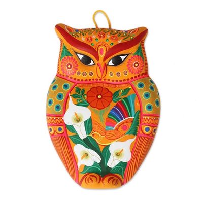 Alternate image for Hand-Painted Ceramic Wall Sculpture in Orange from Mexico Vibrant Owl