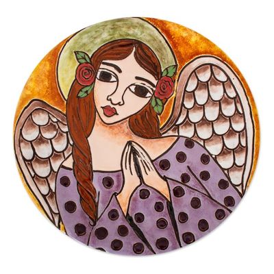 Alternate image for Handcrafted Angel with Roses Ceramic Decorative Plate Angel with Roses