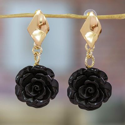 Alternate image for Rose-Themed 24k Gold-Plated Resin Dangle Earrings in Black The Night Belle