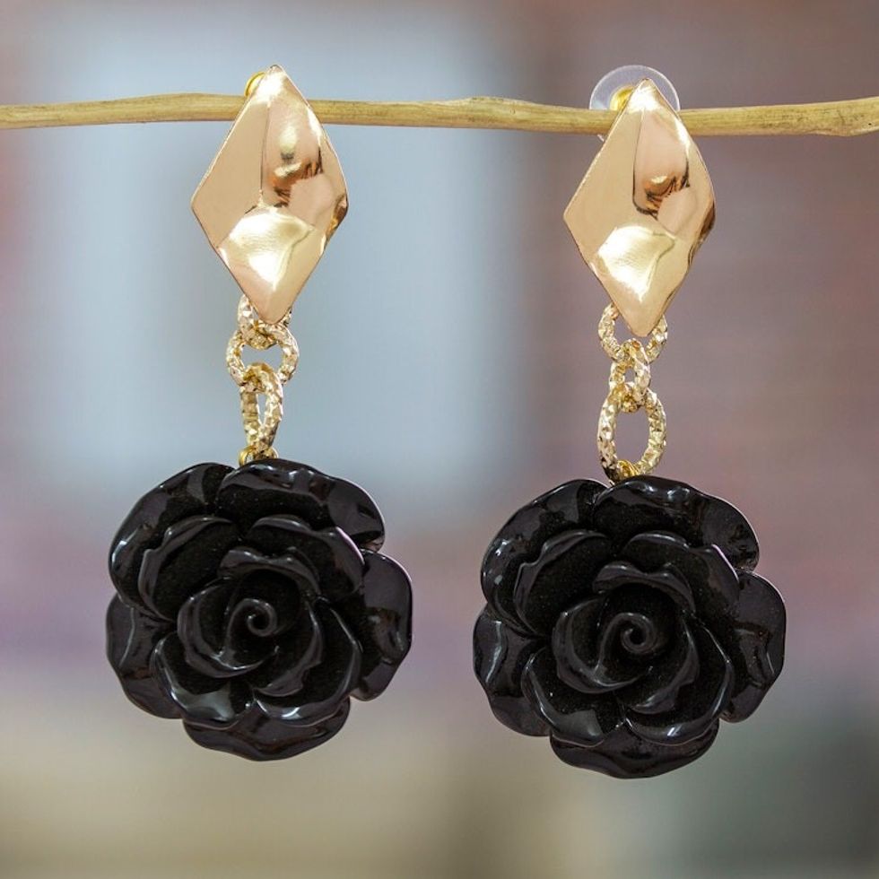 Rose-Themed 24k Gold-Plated Resin Dangle Earrings in Black 'The Night Belle'