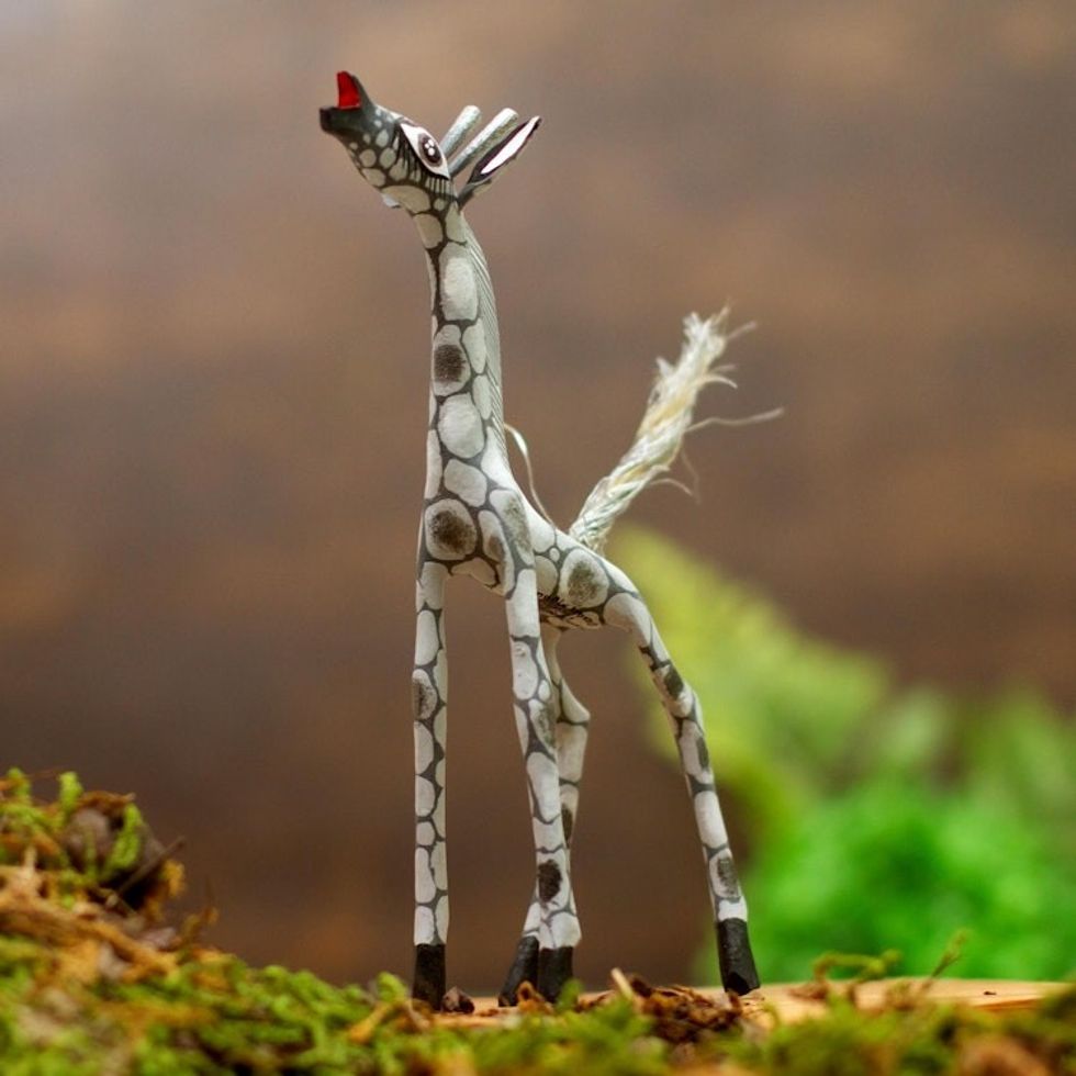Wood Alebrije Giraffe Figurine in Grey from Mexico 'Pearly Giraffe'