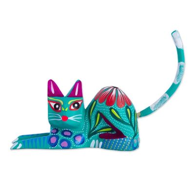 Alternate image for Copal Wood Alebrije Cat Sculpture in Teal from Mexico Excited Cat in Teal