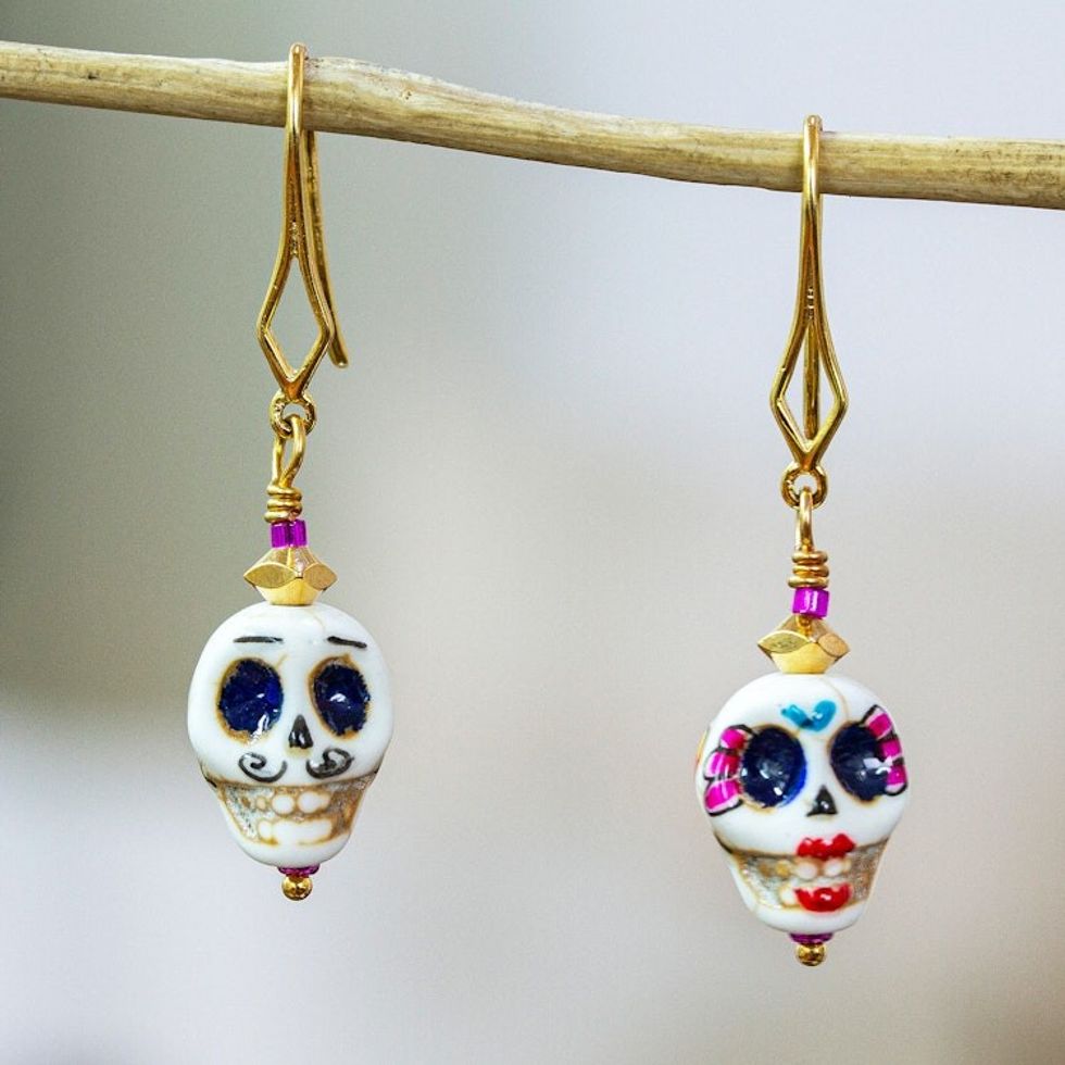 Handmade Day of The Dead 14k Gold-Accented Dangle Earrings 'To Eternity'