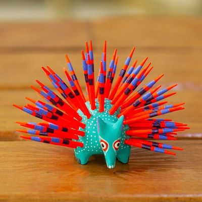 Alternate image for Hand-Painted Wood Alebrije Porcupine Figurine in Turquoise Cute Porcupine in Turquoise