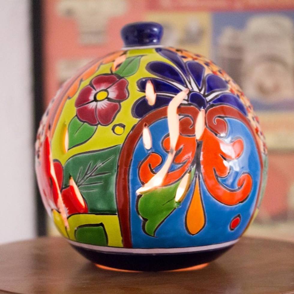 Round Talavera-Style Ceramic Lantern from Mexico 'Round Talavera'