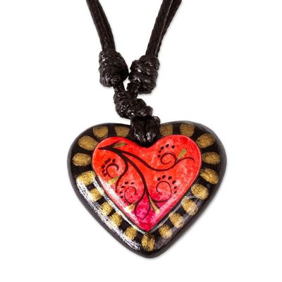 Alternate image for Papier Mache Adjustable Red Heart Golden Trim Necklace Gold Kissed Heart