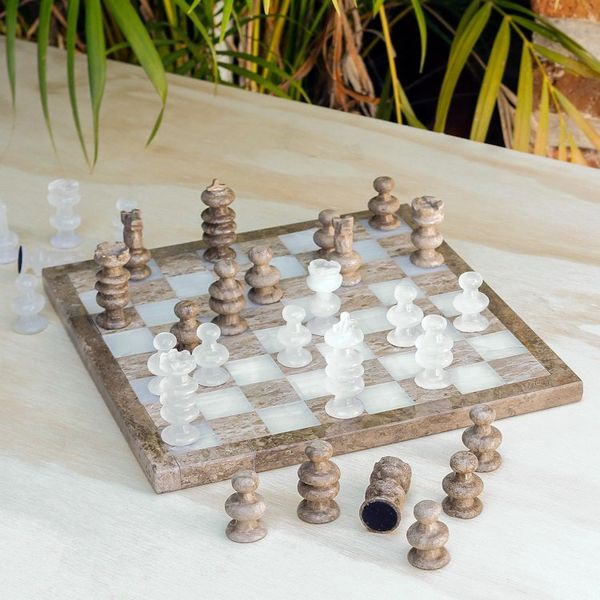 Alternate image for Onyx and Marble Chess Set Crafted in Mexico Brown and Ivory