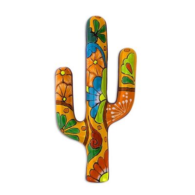 Alternate image for Hand-Painted Cactus Talavera-Style Ceramic Wall Sculpture Talavera Saguaro