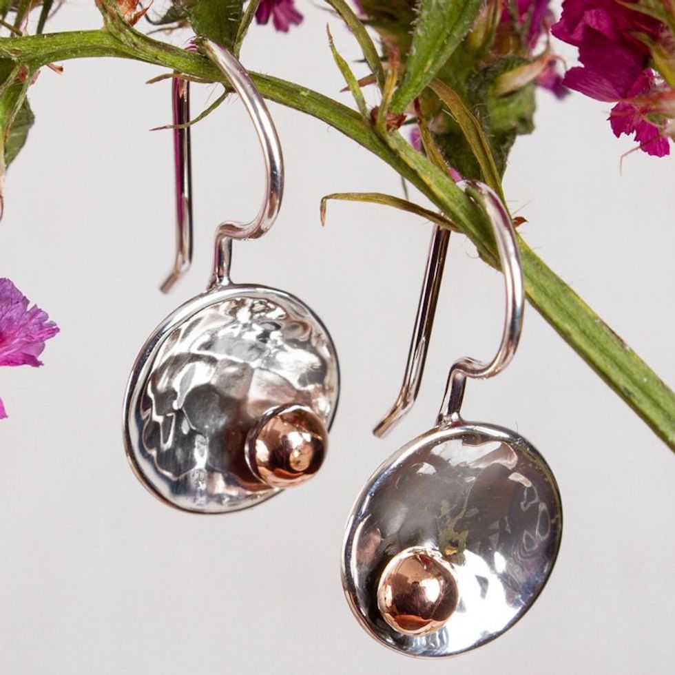 Abstract Taxco Sterling Silver and Copper Drop Earrings 'Celestial Center'