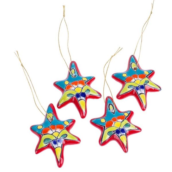 Alternate image for Set of 4 Handcrafted Ceramic Talavera Star Ornaments in Red Floral Sunrise