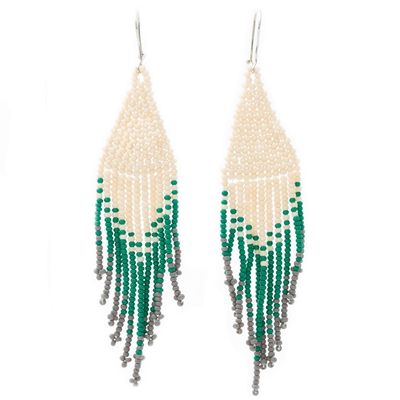 Alternate image for Beige and Green Glass Beaded Waterfall Earrings Falling Emeralds