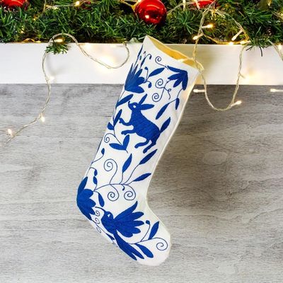 Alternate image for Blue Tenango Embroidered Christmas Stocking From Mexico Tenango Boot in Blue