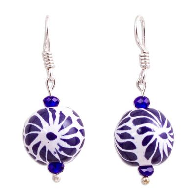 Alternate image for Ceramic Puebla-Style Bead Blue Floral Dangle Earrings Peeking Flower