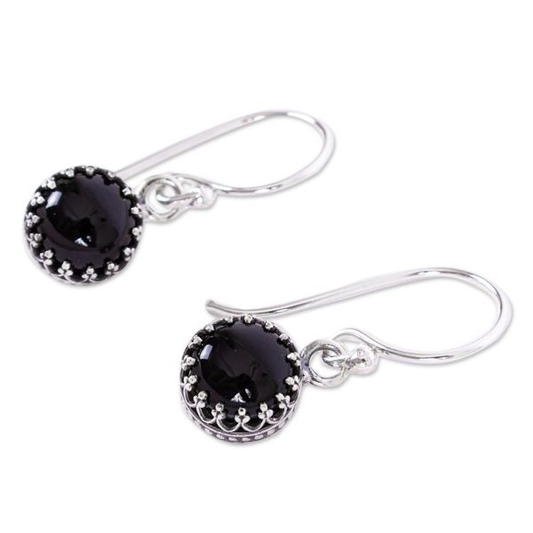 Alternate image for Taxco Silver and Obsidian Dangle Earrings from Mexico Nighttime