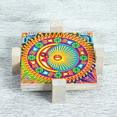 Alternate image for Four Decoupage Pinewood Mexican Sun and Moon Motif Coasters Huichol Sun and Moon