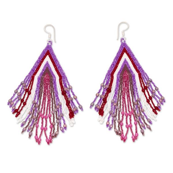 Alternate image for Purple-Fuchsia-Burgundy Huichol Beadwork Waterfall Earrings Purple Chic Cascade