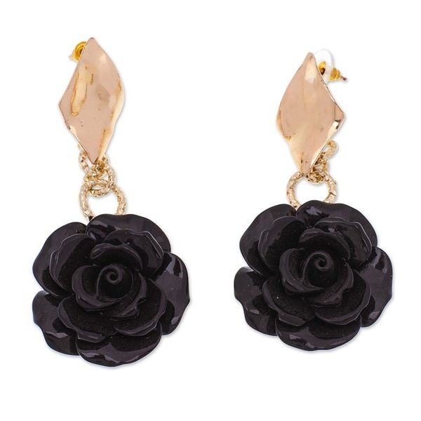 Alternate image for Rose-Themed 24k Gold-Plated Resin Dangle Earrings in Black The Night Belle
