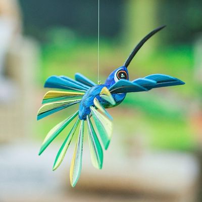 Alternate image for Wood Hanging Alebrije Hummingbird Sculpture in Blue Cheerful Hummingbird
