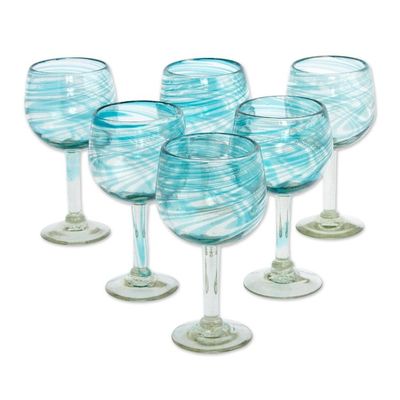 Alternate image for Set of 6 Recycled Hand Blown Aqua Wine Glasses from Mexico Elegant Aqua Swirl