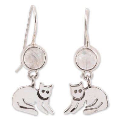 Alternate image for Sterling Silver and Moonstone Kitten Earrings Cool Kitty Cat