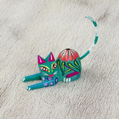 Alternate image for Copal Wood Alebrije Cat Sculpture in Teal from Mexico Excited Cat in Teal