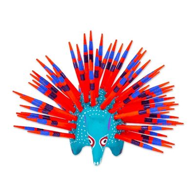 Alternate image for Hand-Painted Wood Alebrije Porcupine Figurine in Turquoise Cute Porcupine in Turquoise