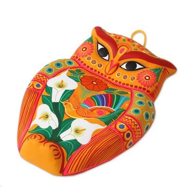 Alternate image for Hand-Painted Ceramic Wall Sculpture in Orange from Mexico Vibrant Owl