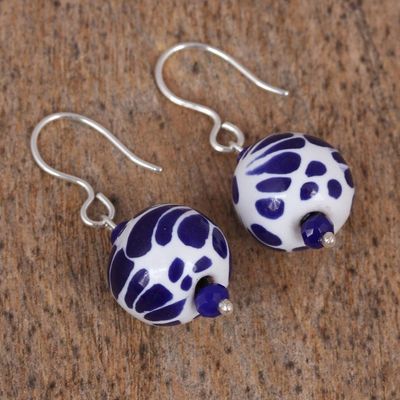 Alternate image for Ceramic Puebla-Style Bead Blue Floral Dangle Earrings Peeking Flower