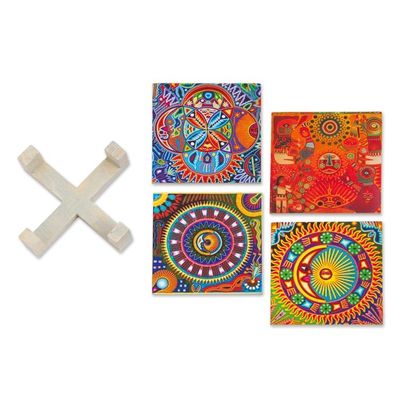 Alternate image for Four Decoupage Pinewood Mexican Sun and Moon Motif Coasters Huichol Sun and Moon