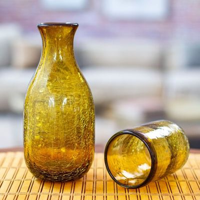 Alternate image for Amber Handblown Recycled Glass Carafe and Cup Set Pair Textured Amber