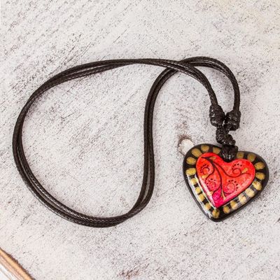 Alternate image for Papier Mache Adjustable Red Heart Golden Trim Necklace Gold Kissed Heart