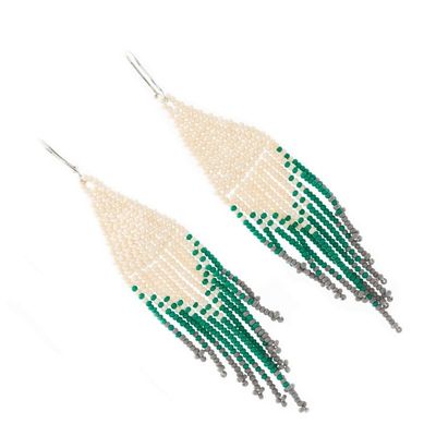 Alternate image for Beige and Green Glass Beaded Waterfall Earrings Falling Emeralds