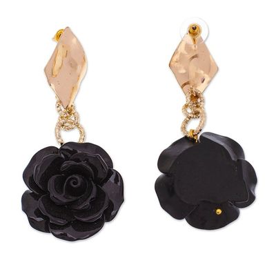 Alternate image for Rose-Themed 24k Gold-Plated Resin Dangle Earrings in Black The Night Belle