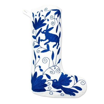 Alternate image for Blue Tenango Embroidered Christmas Stocking From Mexico Tenango Boot in Blue