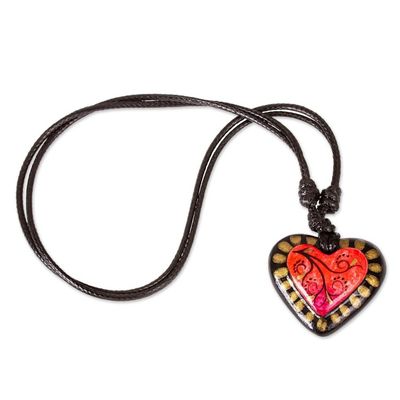 Alternate image for Papier Mache Adjustable Red Heart Golden Trim Necklace Gold Kissed Heart