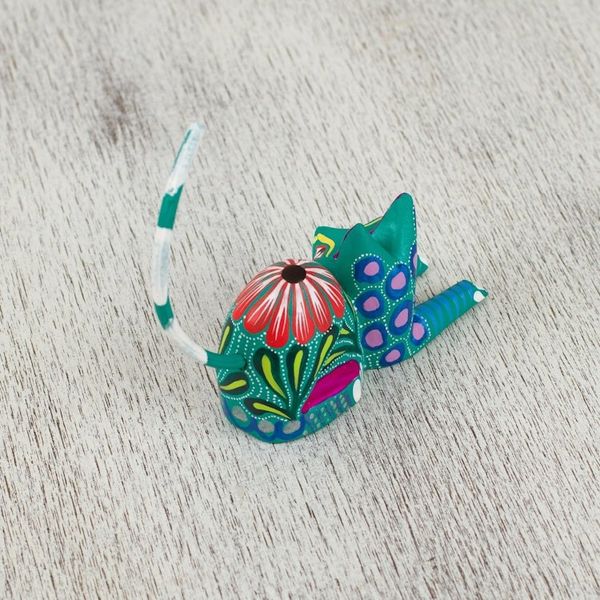 Alternate image for Copal Wood Alebrije Cat Sculpture in Teal from Mexico Excited Cat in Teal