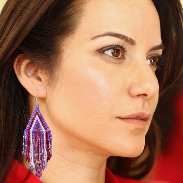 Alternate image for Purple-Fuchsia-Burgundy Huichol Beadwork Waterfall Earrings Purple Chic Cascade