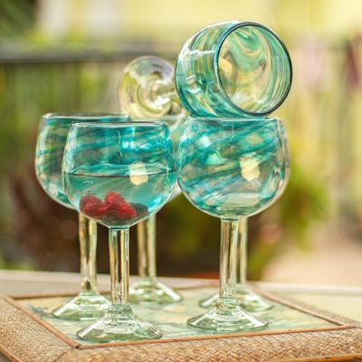 Alternate image for Set of 6 Recycled Hand Blown Aqua Wine Glasses from Mexico Elegant Aqua Swirl