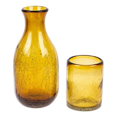 Alternate image for Amber Handblown Recycled Glass Carafe and Cup Set Pair Textured Amber