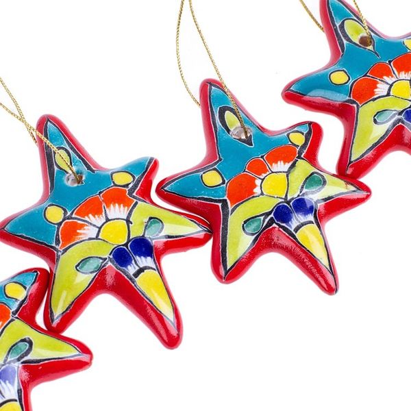 Alternate image for Set of 4 Handcrafted Ceramic Talavera Star Ornaments in Red Floral Sunrise