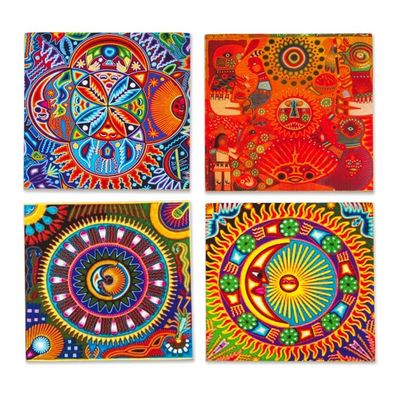 Alternate image for Four Decoupage Pinewood Mexican Sun and Moon Motif Coasters Huichol Sun and Moon