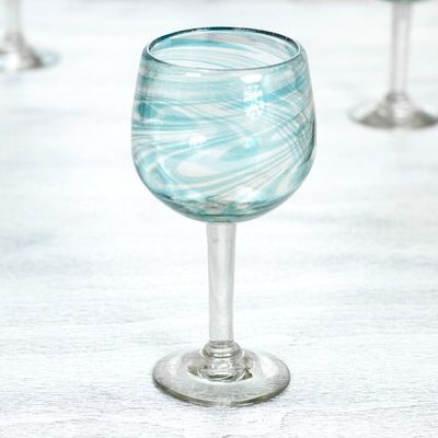 Alternate image for Set of 6 Recycled Hand Blown Aqua Wine Glasses from Mexico Elegant Aqua Swirl